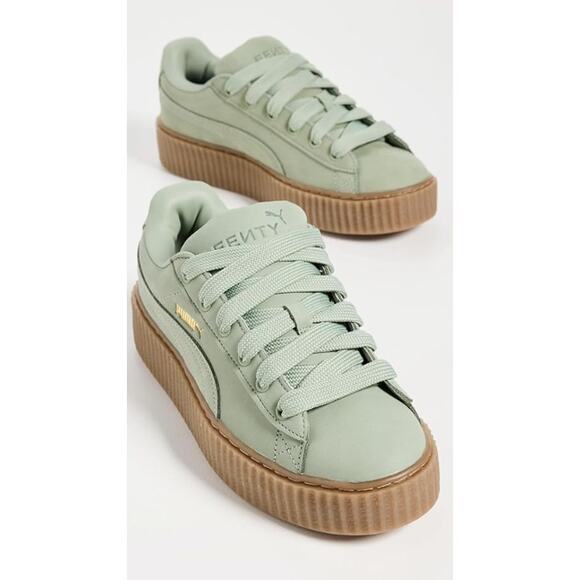 PUMA x FENTY Creeper Phatty Leather Sneakers Green Fog Nubuck Gum Sole Size 10 - Picture 1 of 10